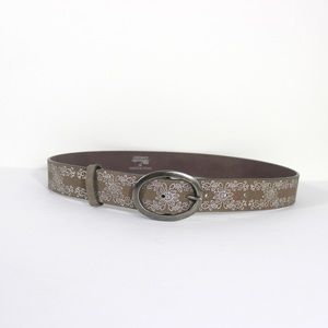 Beige Sueded Belt with Silver Embossed Floral Pattern and an Oval Silver Buckle